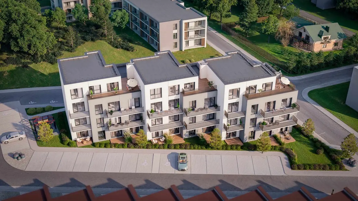 Mažaaukščiai namai ir kiemas iš paukščio skrydžio – vizualizacija